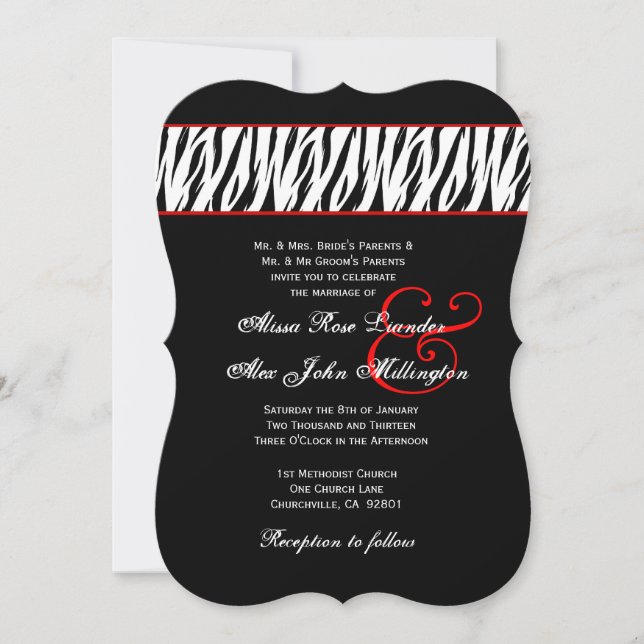 Convite Acentos vermelhos da zebra branca preta que (Frente)