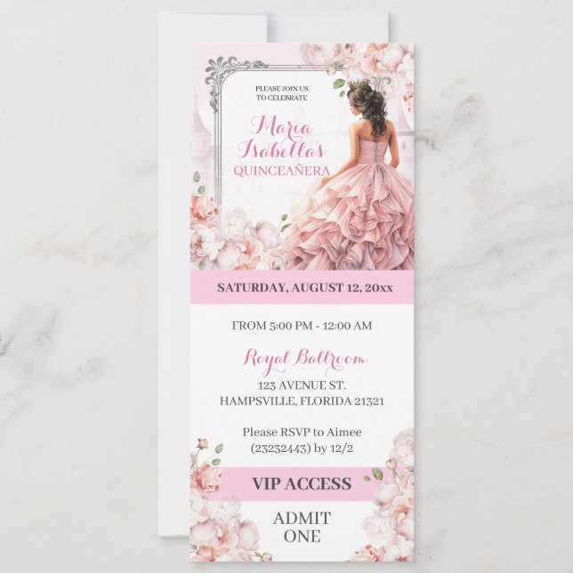 Convite Acesso VIP Pink Mis Quinceanera (Frente)