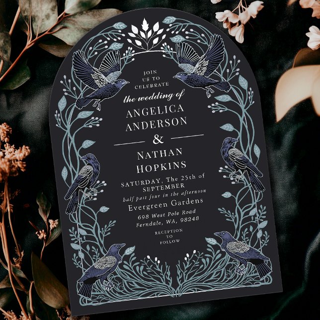 Convite Ach de Casamento Floral Raven Raven Gothic Encanta (Criador carregado)