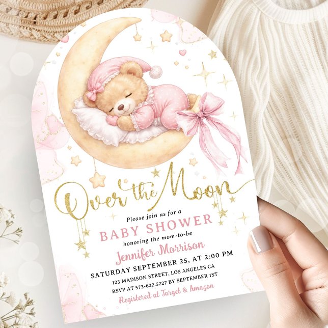 Convite Acima Da Lua Festa De Bebê Menina Urso Rosa Arco (Criador carregado)