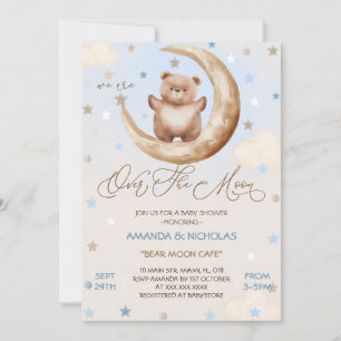 Convite Acima Da Lua Urso Azul Menino Chuveiro