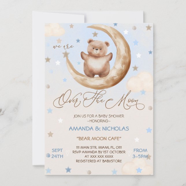 Convite Acima Da Lua Urso Azul Menino Chuveiro (Frente)