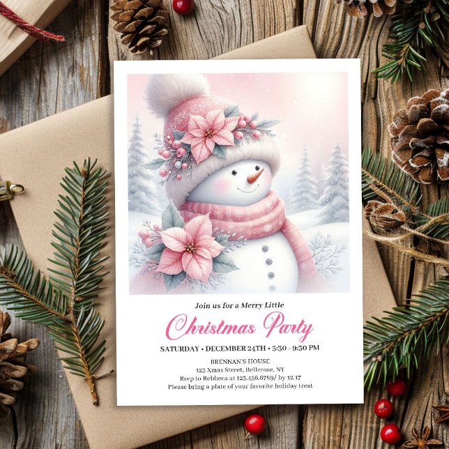 Convite Aconchegante Boneco de Neve Coquette Rosa Natal Ed (Cozy Pink Coquette Snowman Editable Christmas Kids Invite)
