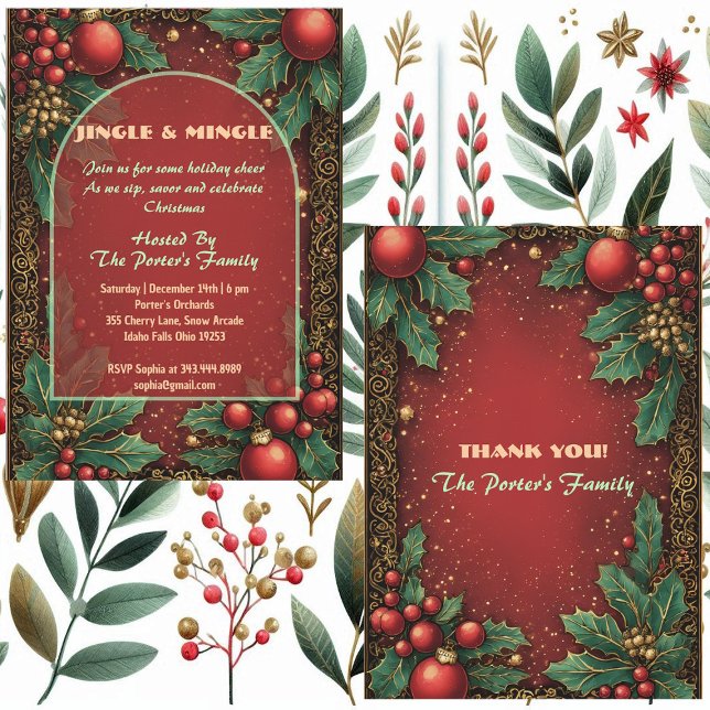 Convite Aconchego e Encontro Motivos de Azevinho de Natal  (Jingle and Mingle Christmas Holly Motifs Red Berry Invitation)