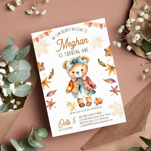 Convite Acredita que o ursinho de pelúcia caiu na festa de (Bearly believe it teddy bear birthday party template invitation for a girl cute teddy  fall themed)
