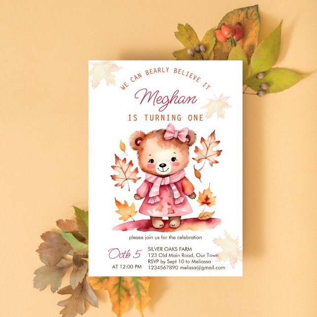 Convite Acreditem que a ursinho da garota cai na festa de  (Bearly believe cute girl teddy bear birthday party template invitation instant download fall themed)