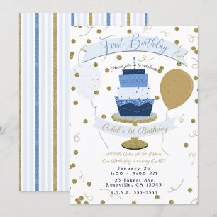 Convite Açúcar Azul e Dourado é doce 1 rua Primeiro Bolo d