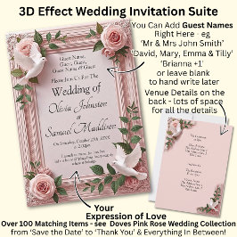 Convite Add Guest Names, Doves and Pink Roses Invitation