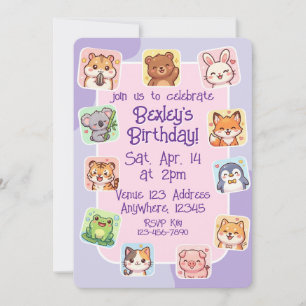 Convite Adesivo de Animal Kawaii Rosa Roxo Aniversário