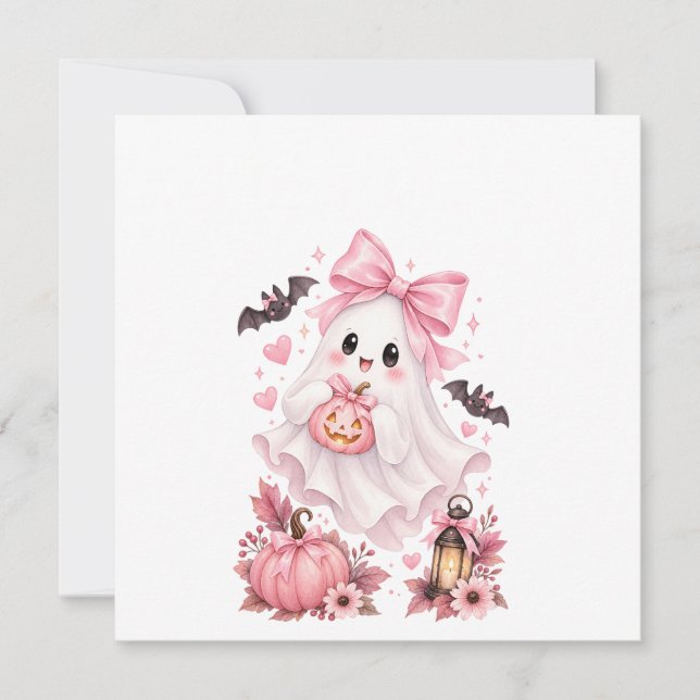 Convite Adesivo de Halloween Fantasma com Laço Rosa Fofo (Frente)
