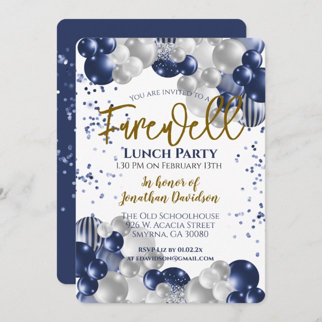 Convite Adeus, aposentadoria, Blue Silver Dourado (Frente/Verso)