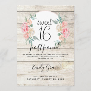 Convite Adiado Rustic Wood Boho Floral Sweet 16