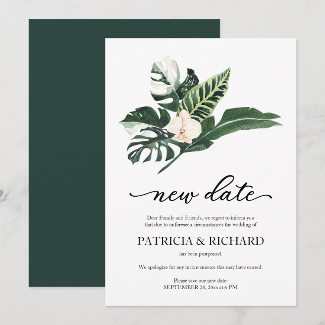 Convite Adiamento de Casamento com Nova Data Floral Tropic (Frente/Verso)