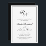 Convite Adiamento de Casamento de Monograma Branco Preto F<br><div class="desc">Cartão tradicional de adiamento de casamento em preto clássico e branco com um simples design com seu monograma inicial e seus nomes em um dentro de caligrafia elegante de uma fronteira fina. O dorso é preto sólido. Esta design de classe é perfeita para quando você tem que mudar a data...</div>