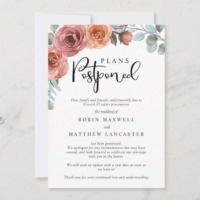 Convite Adiamento do casamento - Cancelamento - Mudança de (Frente)