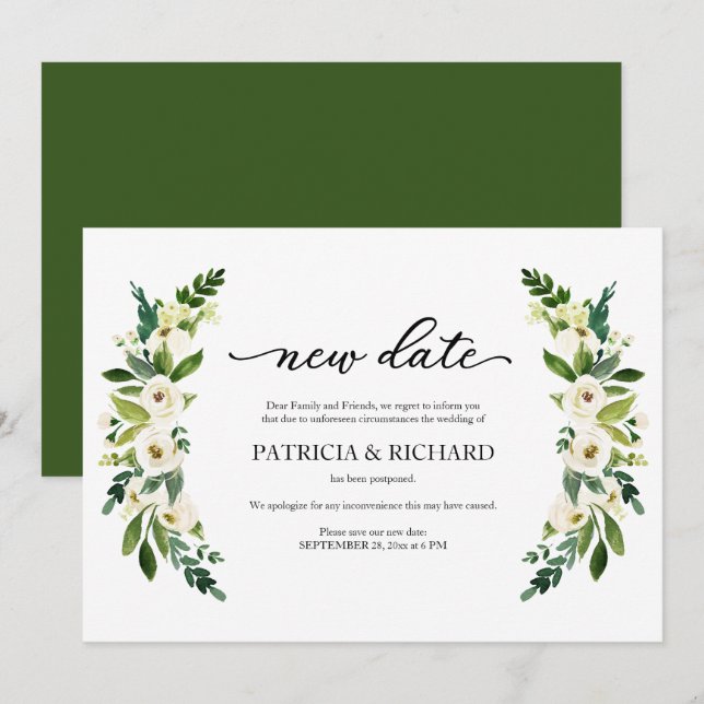 Convite Adiamento do Casamento com Nova Data Floral Verde (Frente/Verso)