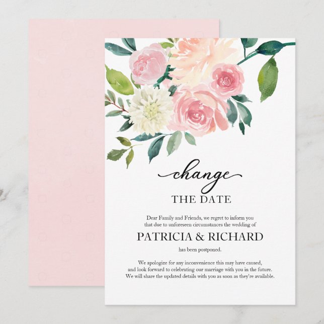 Convite Adiar o Blush Floral de Casamento Mudar a Data (Frente/Verso)