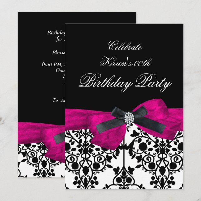 Convite Adicionar Idade Festa de Aniversário Rosa Damasco  (Frente/Verso)