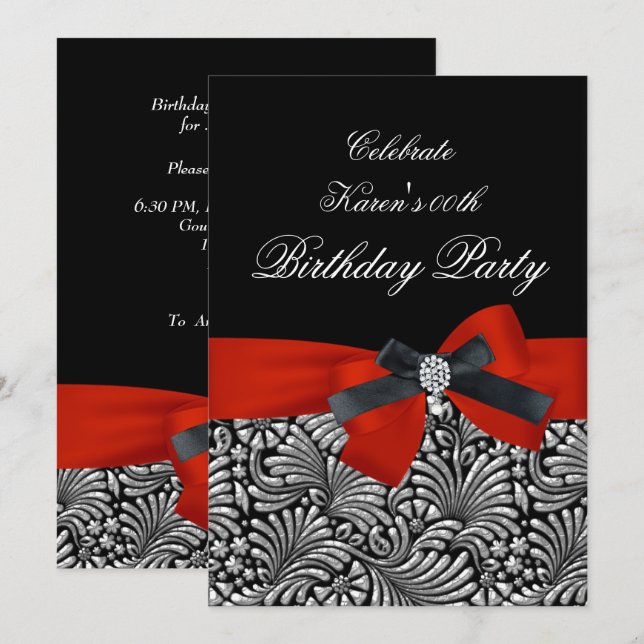 Convite Adicionar Idade Festa de Aniversário Vermelho Dama (Frente/Verso)
