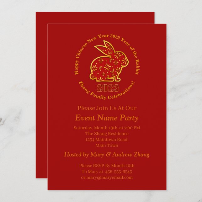 Convite Adicionar Nome Chinês Ano Novo 2023 Ano Coelho Dou (Frente/Verso)