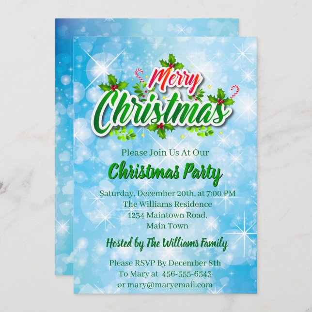 Convite Adicionar Nome Correspondente à festa azul de Nata (Frente/Verso)