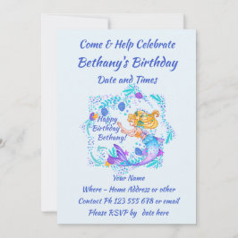 Convite Adicionar Nome Texto Loiro Sereia Azul Mauve Parte