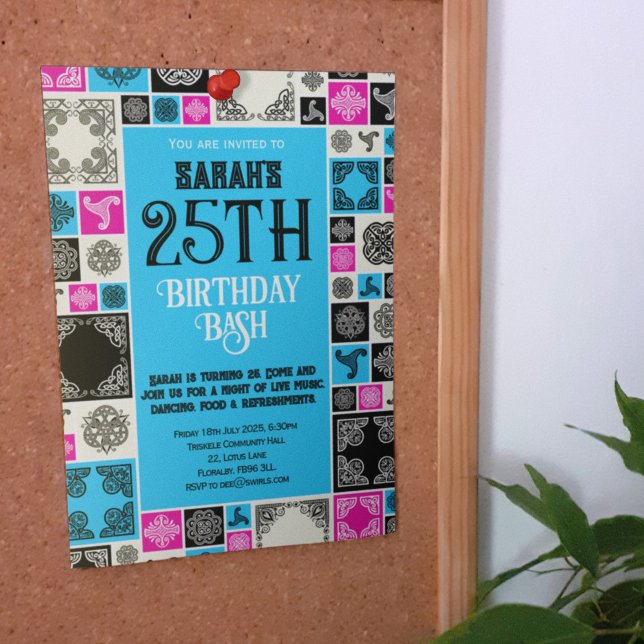 Convite Adicione seu Azulejo decorativo Magenta Borda azul (Criador carregado)