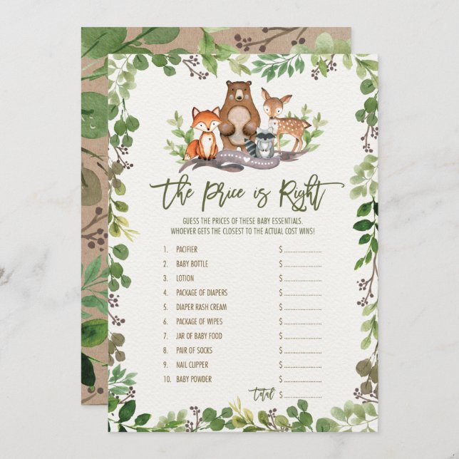 Convite Adivinha o jogo do Chá de fraldas da Woodland pelo (Frente/Verso)