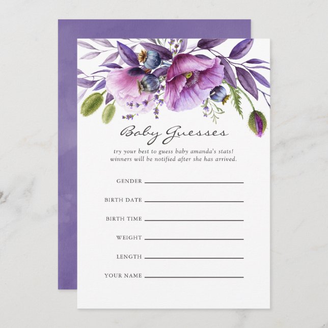 Convite Adivinhações De Chá de fraldas Floral Violet Poppy (Frente/Verso)
