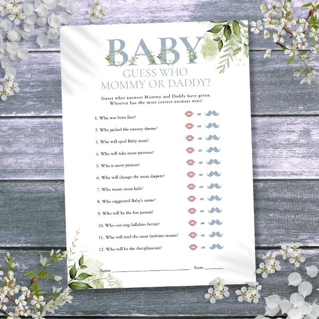 Convite Adivinhe Quem é a Mamãe Papai Bebê Jantar de Bebê  (Guess Who Mommy Daddy Greenery Baby Shower Game Invitation)