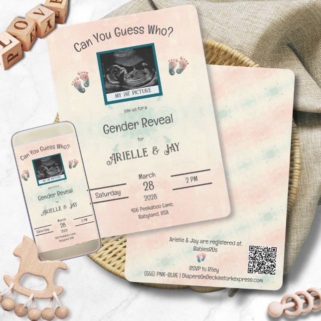 Convite "Adivinhem quem" Sexo Revela Chá de fraldas de Ult ("Guess Who" Baby Shower Gender Reveal Print and Digital Baby Shower Invitation)