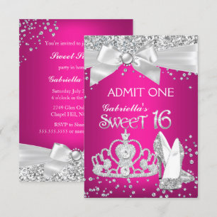 Convite Admit Sparkle Tiara Saltos Sweet 16 Rosa Quente
