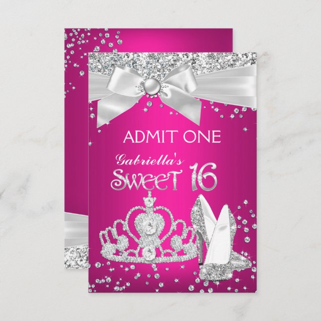 Convite Admite o Sparkle Tiara Heels Sweet 16 rosa quente (Frente/Verso)