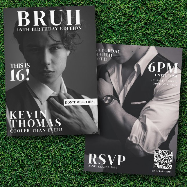Convite Adolescente Cobrir da Revista BRUH Festa de aniver (BRUH Birthday Party Magazine Cover Boy Teenager Invitation)