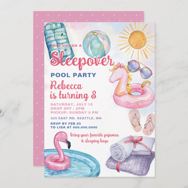 Convite Adolescente de Piscina do Sumber, Festa Rosa, Jove (Frente/Verso)