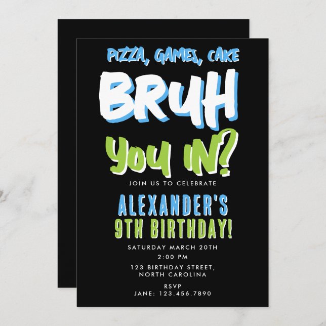 Convite Adolescente do Bruh Boy Teen Boy Blue Birthday (Frente/Verso)