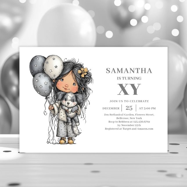 Convite Adolescente Excêntrica Menina Preto Dourado Aniver (Quirky Teenager Girl Black Gold Birthday Party Invitation

)