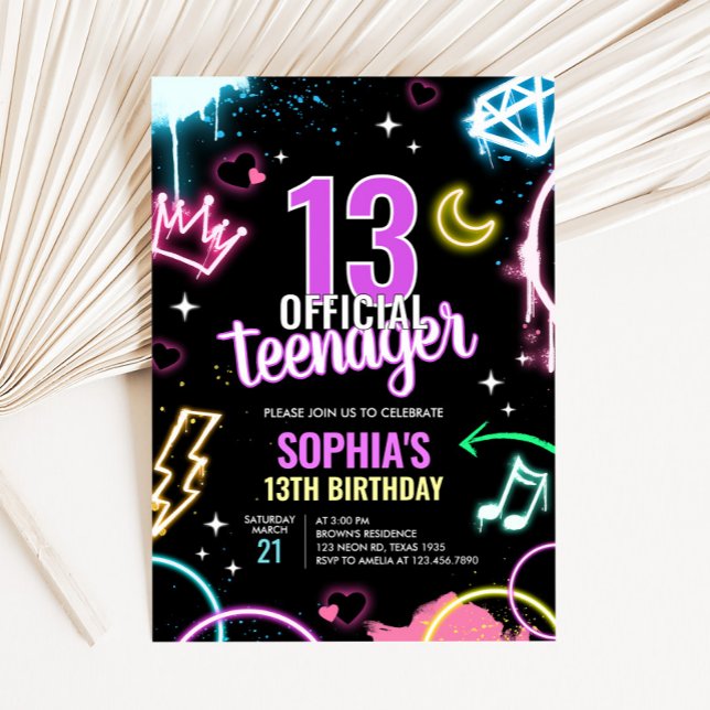 Convite Adolescente Neon Terceira Festa de aniversário (Neon Teenager 13th Birthday Party Invitation)