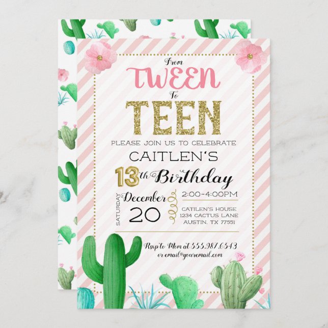 Convite Adolescente Para O Aniversário Do Teen Cactus Boho (Frente/Verso)