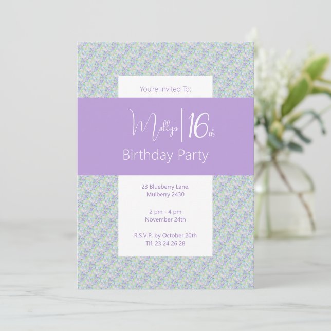 Convite Adolescentes Verdes Púrpuras Florais 16.º Aniversá (Em pé/Frente)