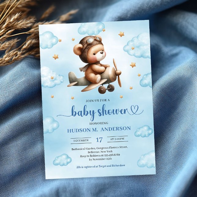Convite Adorable blue aviator teddy bear boy baby shower  (teddy bear PILOT baby shower,
bear theme baby shower invitation,
baby boy blue brown gold,
watercolo)