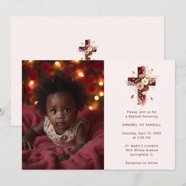 Convite Adorable Burgundy Glitter Floral Cross Baptism (Frente/Verso)