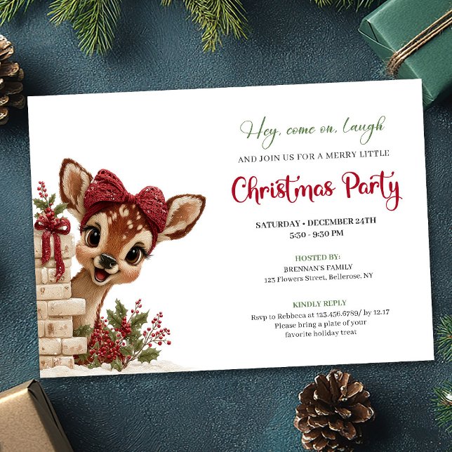 Convite Adorable Christmas baby deer peeking party invite (Elegant Funny Baby Reindeer Cartoon Watercolor Invitation

)