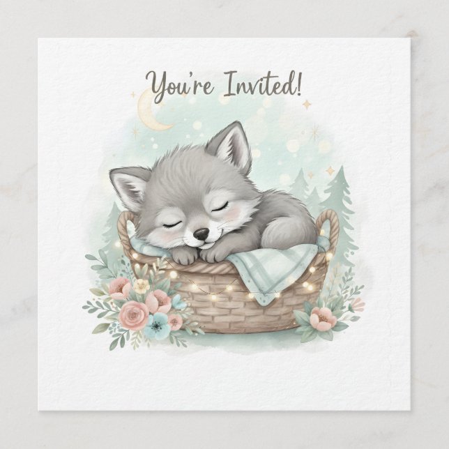 Convite Adorable, fluffy baby wolf  Baby Shower  (Frente)