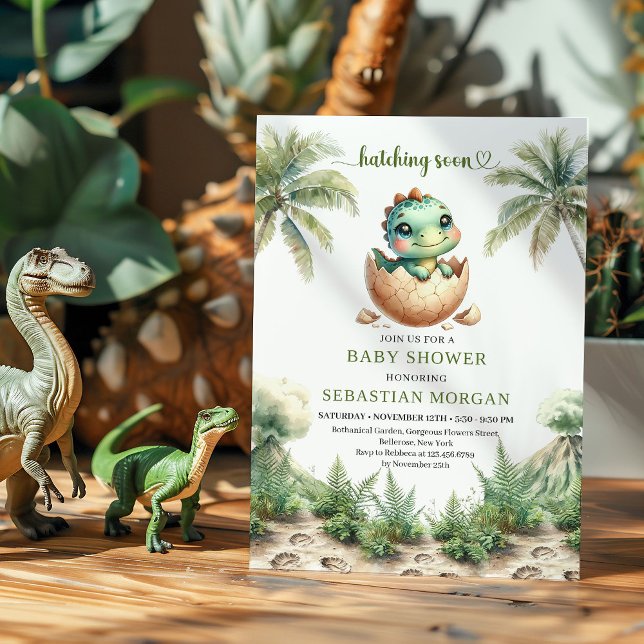 Convite Adorable hatching soon baby shower invite editable (Cute Hatching Soon Dinosaur Baby Shower Invitation)