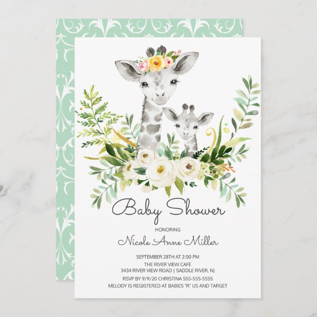 Convite Adorable Jungle Giraffe Chá de fraldas Invent (Frente/Verso)