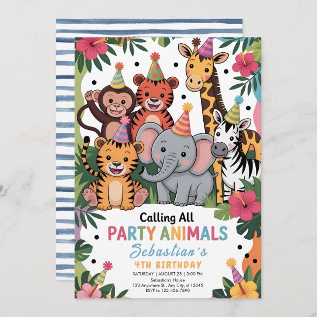 Convite Adorable Jungle Party Animals Birthday (Frente/Verso)