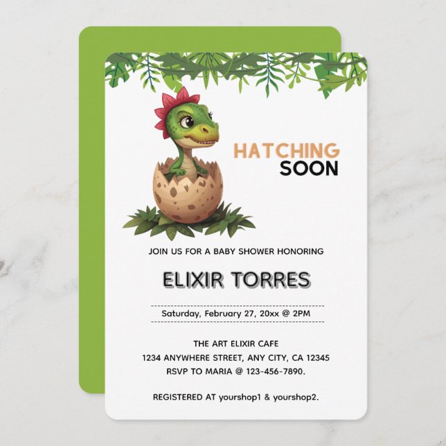 Convite Adorable Kawaii Baby Dinosaur Hatching (Frente/Verso)
