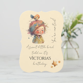 Convite Adorable Neutral Pastel Gilrl Bird Stars Childhood