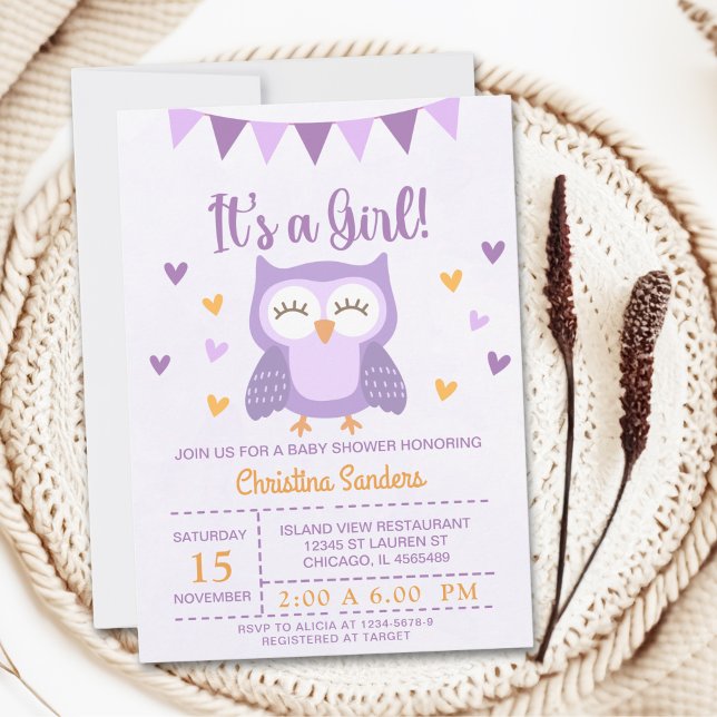 Convite Adorable Owl Baby Shower Girl – It's a Girl' (Criador carregado)